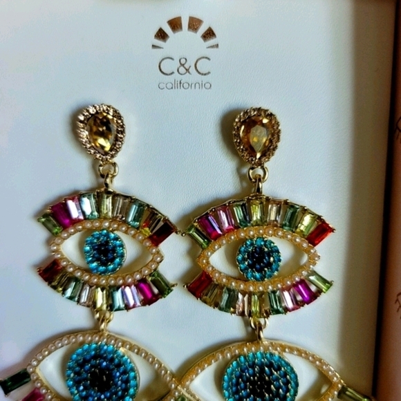 New C & C California Earrings Evil Eye Colored Jewel Rhinestone Dangle - Picture 6 of 7